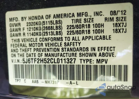 2012 Honda Crosstour Ex-L z USA, uszkodzony, nr VIN 5J6TF2H52CL011327